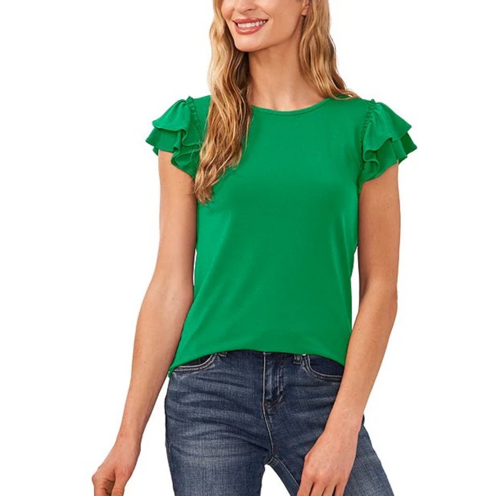 Double Ruffle Short Sleeve Crew Neck Knit Top